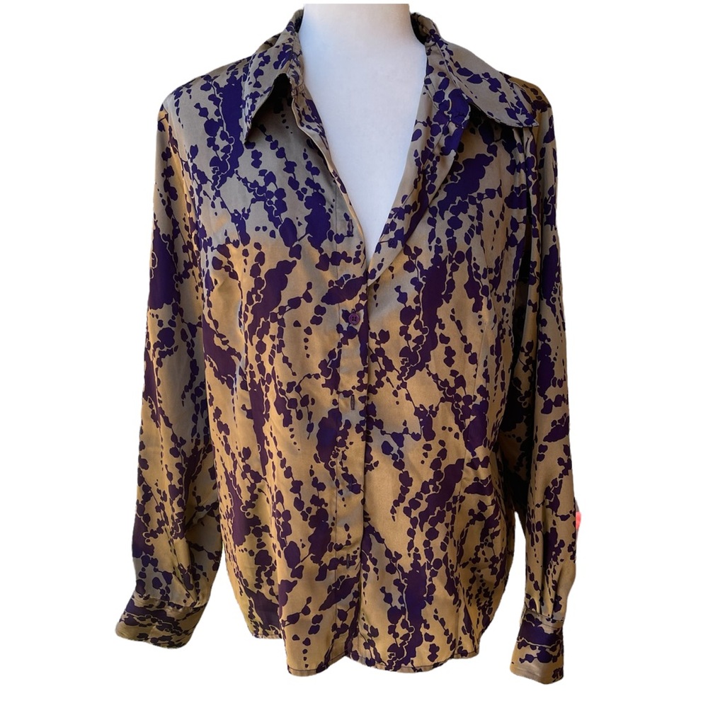 Preston & York Purple Gold Patterned Y2K Button Up Vintage Women Blouse